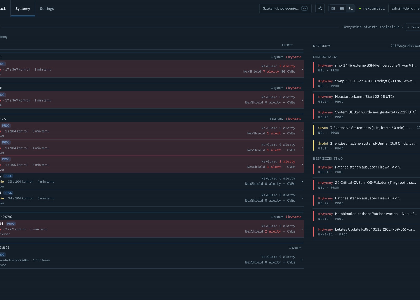 Interfejs NexControl: monitorowane systemy SAP, HANA, Linux i Windows ze statusem i alertami